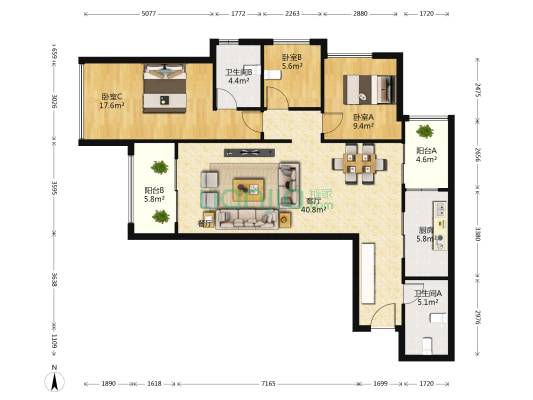 俊发城玉兰苑 3室1厅2卫 121平方