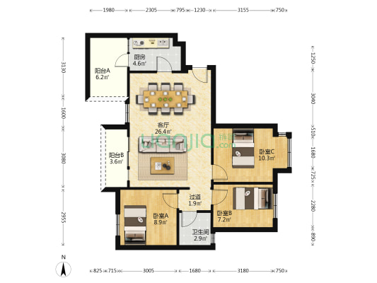 锦和康城·康泰苑 3室1厅1卫 87平方