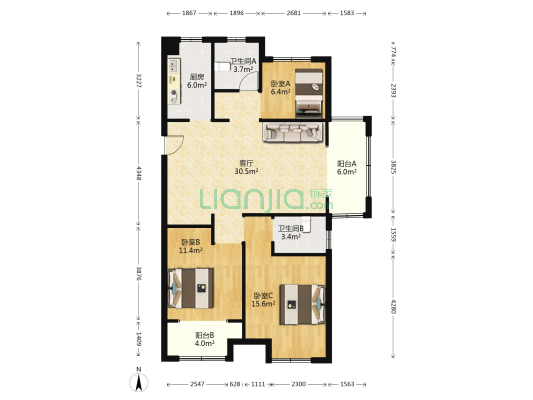 歌风佳苑 3室1厅2卫 122平方