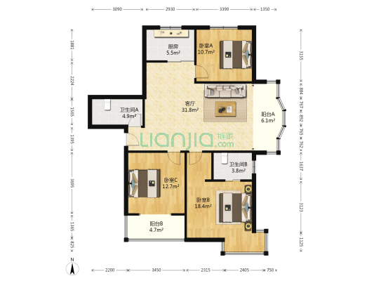 绿城都市花园 3室1厅2卫 129平方