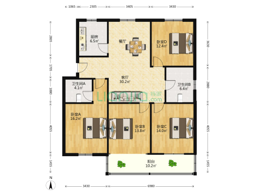 凤启路 4室1厅2卫 136平方