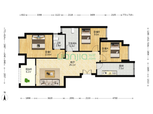 金科联发东悦府林语 3室1厅2卫 93平方