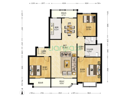 森兰公寓 139.16m² 。三房两厅两卫 135-户型图