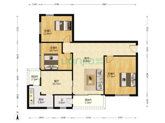五福村中楼 3室2厅1卫 115平方