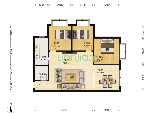 康馨园 3室2厅1卫 90平方