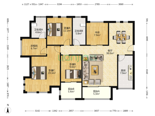鑫远尚玺苑一期 4室1厅2卫 136平方