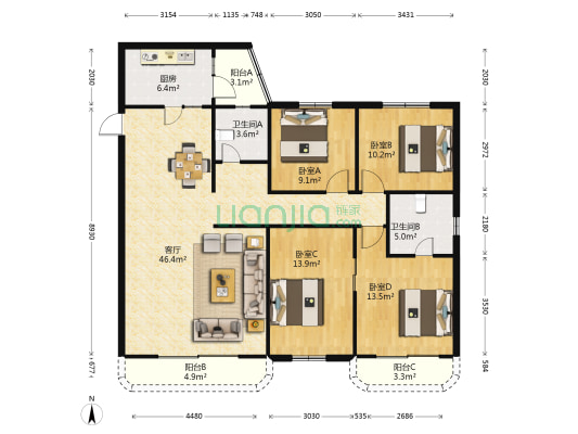 中玉花园 4室1厅2卫 125平方