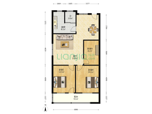 信达大厦 3室1厅1卫 106平方
