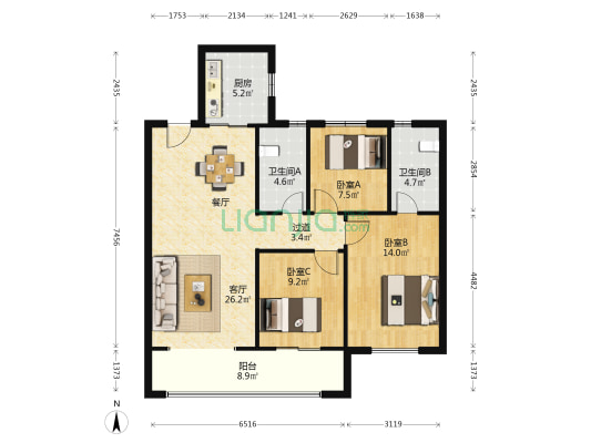 金地宸悦 3室1厅2卫 116平方