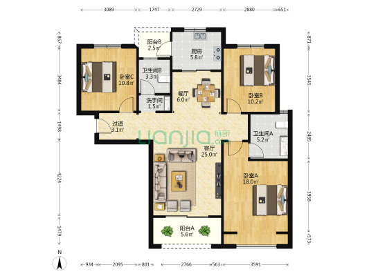 佳田未来新城抱朴园 3室2厅3卫 131平方