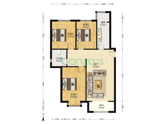 茉莉公馆 3室1厅1卫 121平方