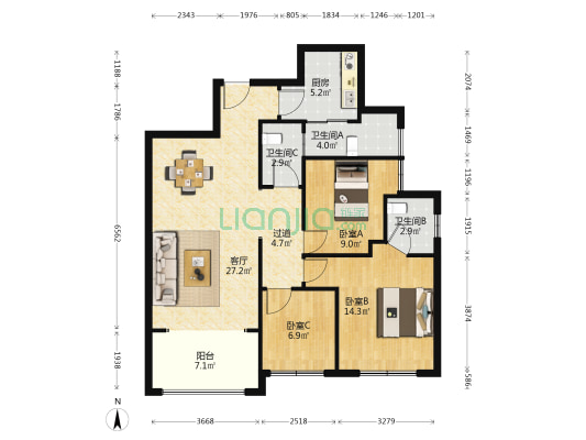 幸福里南苑 3室1厅3卫 95平方