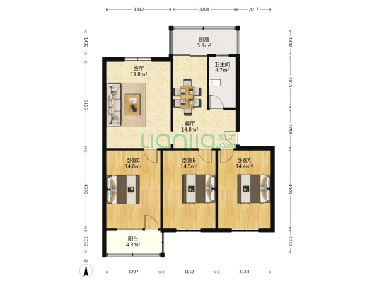 县委住宅 3室2厅1卫 108平方
