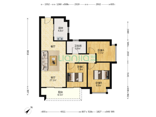融创云玺湾 3室1厅1卫 87平方
