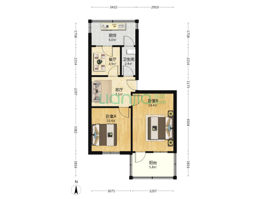 共青团东路5号院 2室2厅1卫 57平方