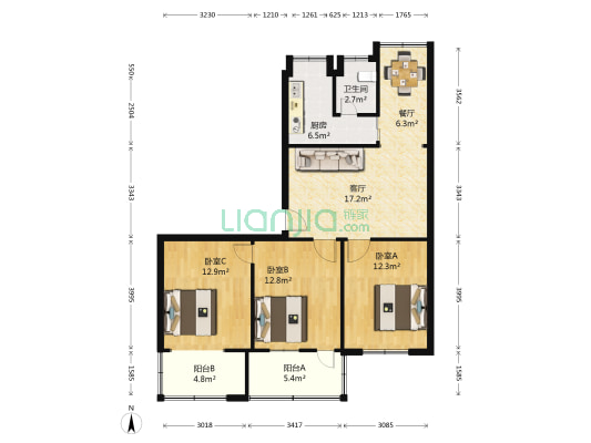 回收公司宿舍 3室2厅1卫 66平方