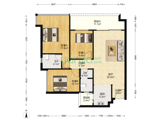 中旅银湾 3室1厅2卫 119平方