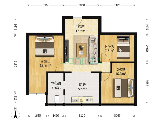 新添大道南段104号 3室1厅1卫 61平方