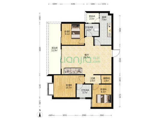 城投置地梧桐馨园 3室1厅2卫 113平方