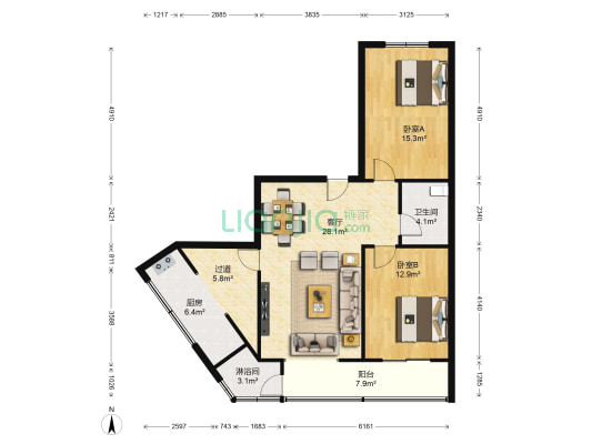常青园 2室1厅2卫 104平方