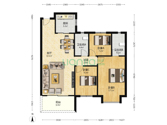 富力园康新天地 3室1厅2卫 117平方