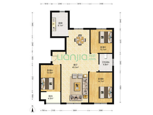 中颐和园 3室1厅1卫 125平方