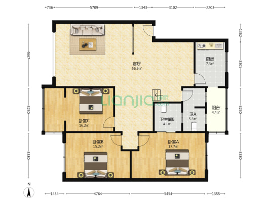 学府街34号 3室1厅2卫 147平方