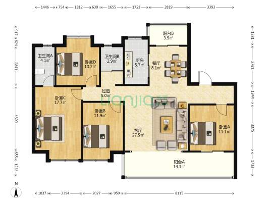 御龙半山龙腾苑 4室2厅2卫 143平方