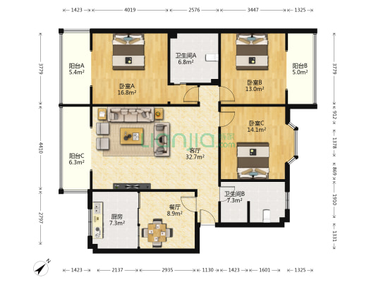 新华园 3室2厅2卫 147平方