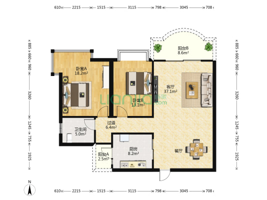 市政花园 2室1厅1卫 105平方