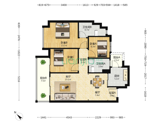 中海·寰宇中心 3室2厅2卫 103平方