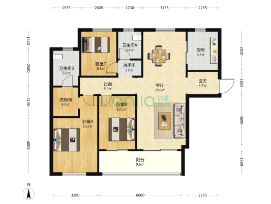 朗诗新郡3期 3室1厅3卫 155平方