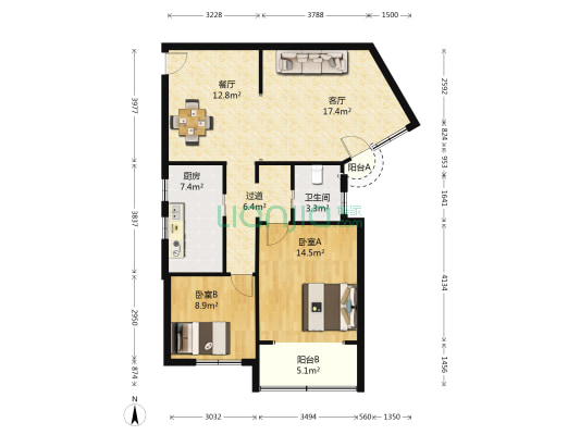 鼓楼花苑 2室2厅1卫 93平方