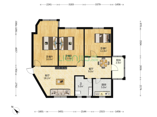 岭景小区 3室2厅1卫 96平方