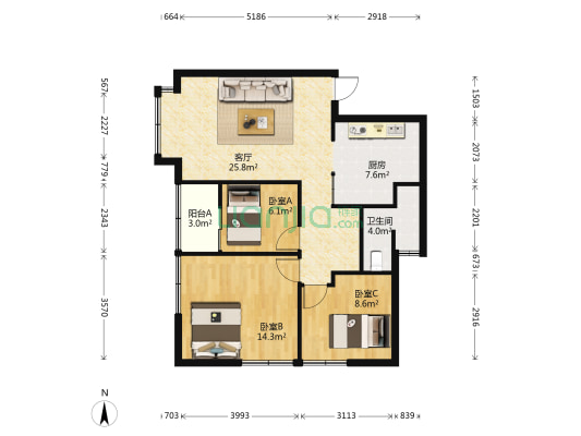 宁湖九号香缇花园 3室1厅1卫 93平方