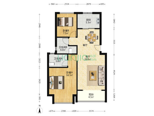 新澎湃东区 2室1厅2卫 97平方