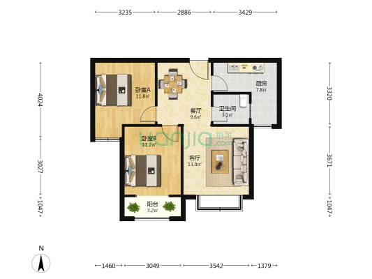 国金花园 2室2厅1卫 88平方