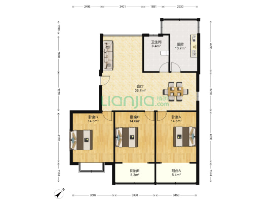 中高花苑 3室1厅1卫 135平方