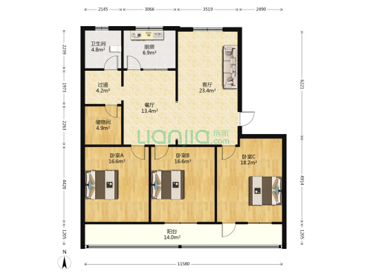 财险宿楼 3室2厅1卫 156平方