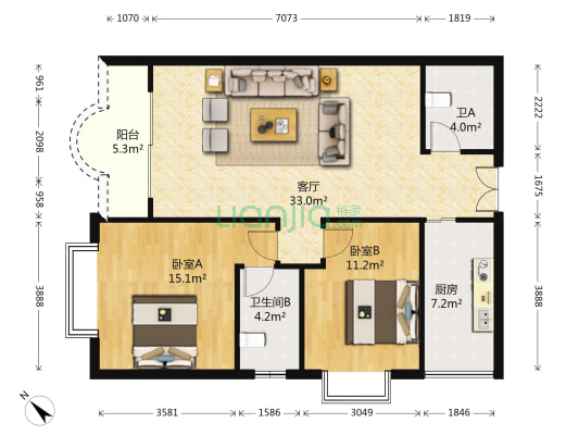 康德27生活空间 2室1厅2卫 105平方