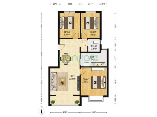 银河领域 3室1厅1卫 92平方