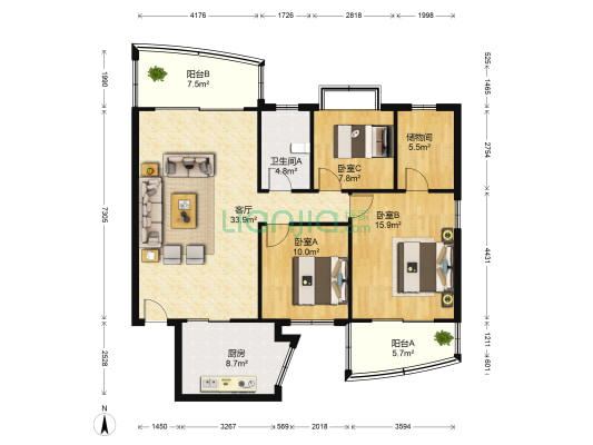 南华园 3室1厅1卫 143平方