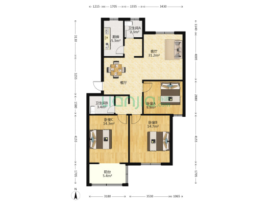 惠民紫荆园 3室1厅2卫 106平方