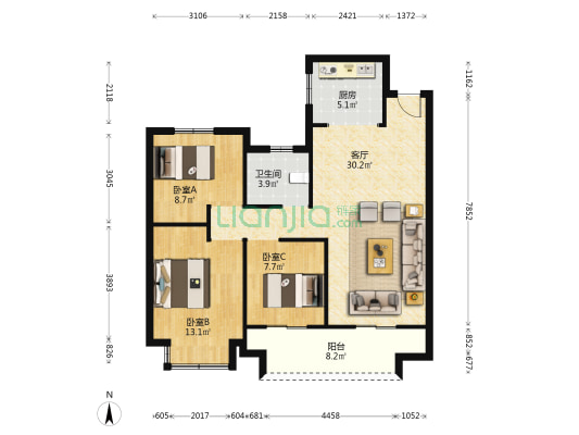 城发瑞府 3室1厅1卫 98平方