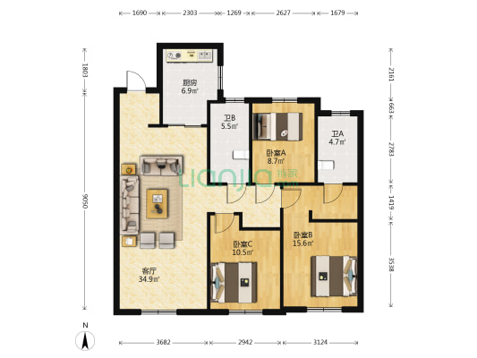 龙湖椿山 3室1厅2卫 113平方