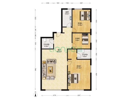 展源商务大厦 3室1厅2卫 168平方