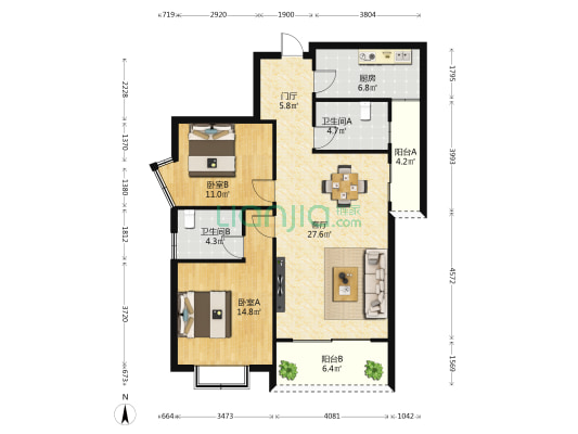 世贸天骄 2室1厅2卫 104平方