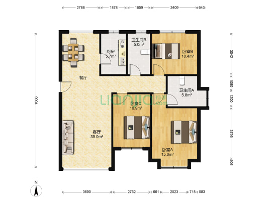 国信央城大观 3室1厅2卫 128平方