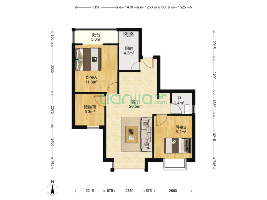 荣城 2室1厅1卫 98平方