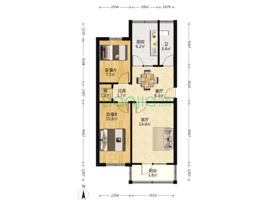 文化馆住宅楼 2室2厅1卫 69平方